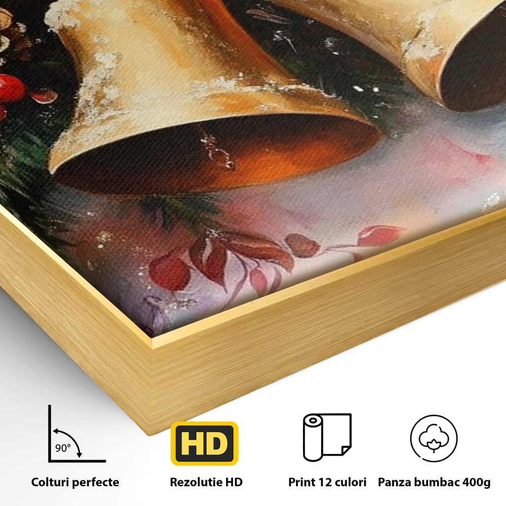 Detaliu al suprafetei: tablou canvas cu clopotei aurii si conuri, in rama de aluminiu auriu